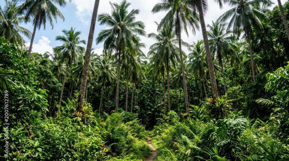 Naklejka premium Thick green tropical forest with bushes palm trees