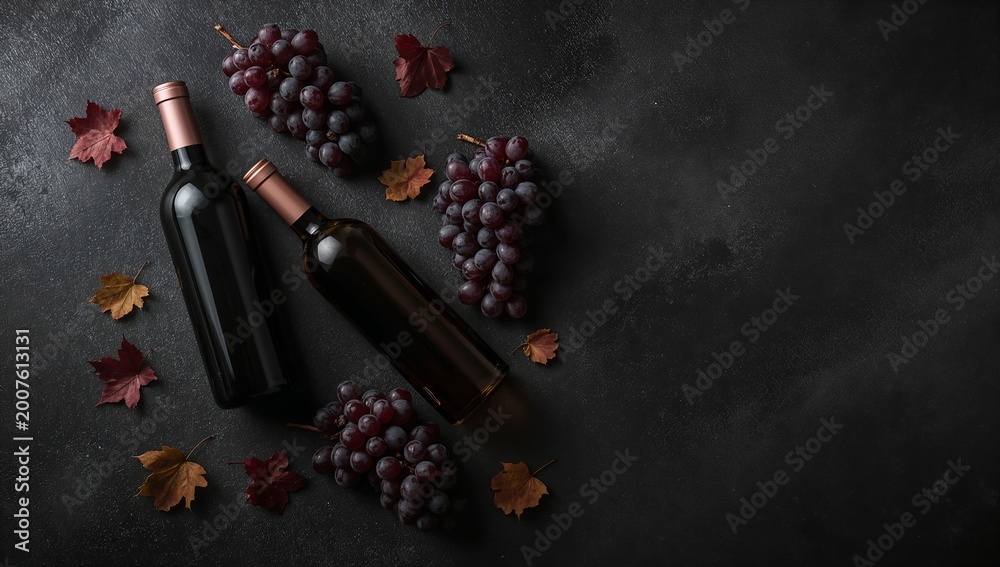 Fototapeta premium Still life shot featuring wine bottles and grapes, perfect for food and beverage promotions. The image has a rich, dark ambiance, enhancing the product's appeal