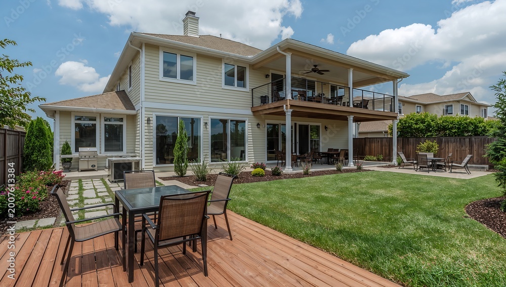 Fototapeta premium A charming modern house exterior featuring a patio, chairs, and a well-maintained lawn under a cloudy blue sky. 