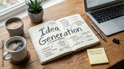 Overhead view of an open notebook displaying Idea Generation with mind maps and notes accompanied by coffee cups and a laptop on a wooden desk brainstorming creativity innovation