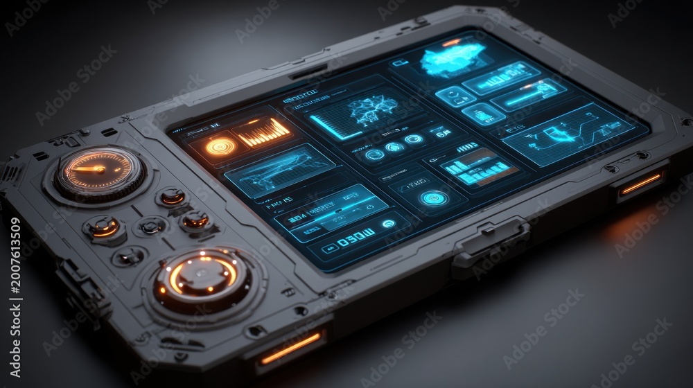 Obraz premium Futuristic Gaming Device with Advanced Holographic Display and Controls.