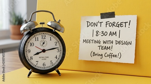 Retro alarm clock stands next to a handwritten note reminding about a 8 30 AM meeting with the design team advising to bring coffee time reminder schedule appointment morning