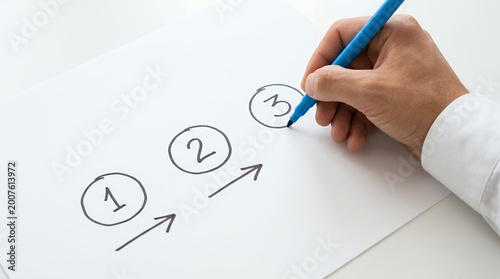 A hand holding a blue marker draws numbered circles 1 2 and 3 with connecting arrows on white paper planning process strategy step sequence workflow decision task list progress