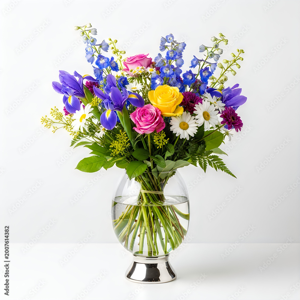 Fototapeta premium Colorful bouquet of fresh flowers in a clear glass vase
