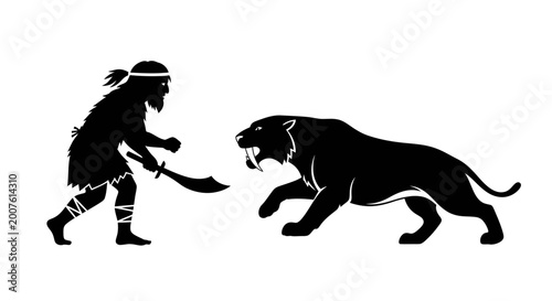 Primitive warrior and saber toothed tiger silhouette illustration