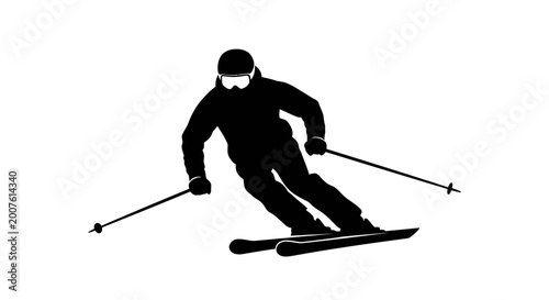 Black and white silhouette of a professional skier in downhill action