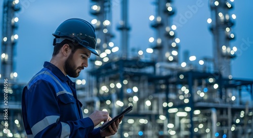 Engineer using digital tablet at industrial petrochemical refinery plant at night.