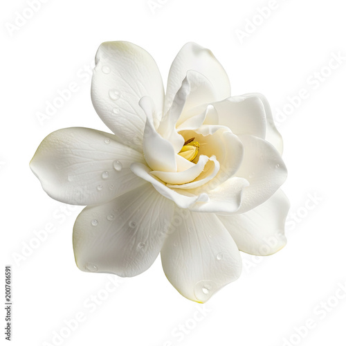 A single beautiful white gardenia flower with dew drops isolated on white background.