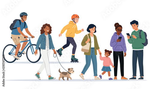 Modern Urban Lifestyle People Set – Walking Dog, Cycling, Roller Skating, Family and Smartphone Use Flat Vector Illustration