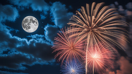 Fireworks Bursting Under Full Moon in Dark Cloudy Night Sky for New Year and 4th of July Celebration