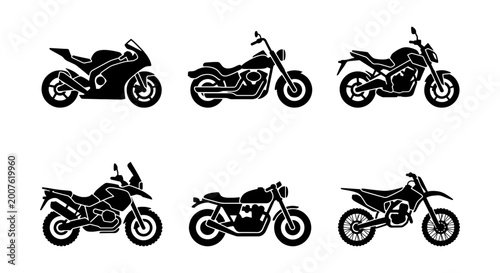 Fotografi Motorcycle Icons Set: Diverse Styles Including Sport, Cruiser, Adventure, and Di