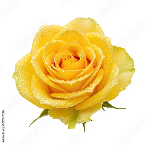 Beautiful single yellow rose flower with morning dew drops isolated on white background.