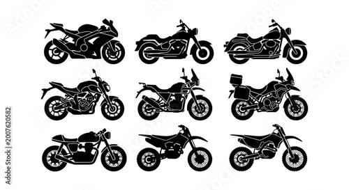 Tableau sur toile Diverse Motorcycle Collection, Vector Icons Set: Sportbike, Cruiser, Adventure,