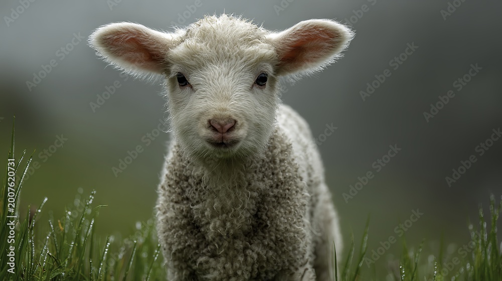 Fototapeta premium A young lamb standing in a grassy field, looking directly at the camera with soft wool and large ears.