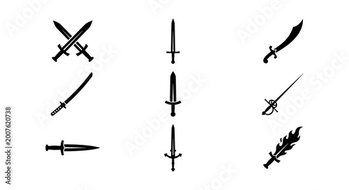 Obraz na płótnie Diverse Sword Icons Set, Medieval Weapon Silhouettes, Historical Blade Collectio