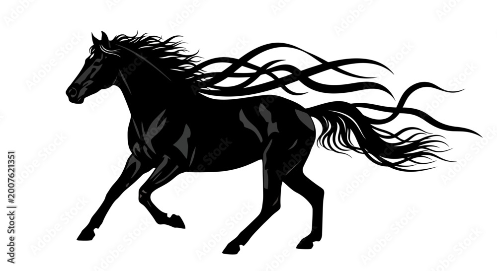 Obraz premium Black horse silhouette running free.
