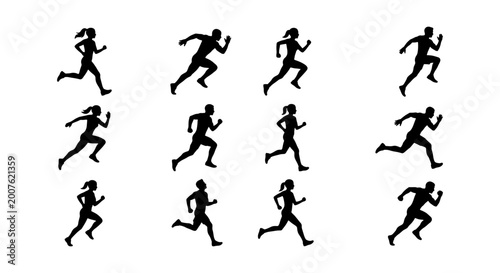 Schilderij op canvas Dynamic Running Silhouettes Collection: Male and Female Athletes in Motion, Fitn