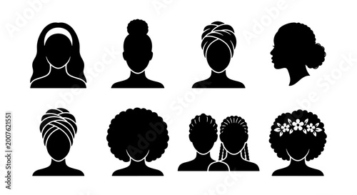 Bild auf Leinwand Diverse Black Women Silhouettes, Afro Hairstyles, Head Wraps, Elegant Updos, Vec