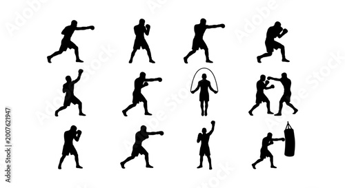 Foto Boxing Silhouette Icons Set, Dynamic Fighter Poses, Jump Rope Training, Punching