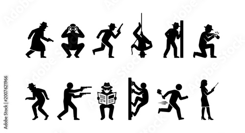 Photos Detective Silhouette Icons Set, Spy Action Poses, Crime Investigation Figures, S