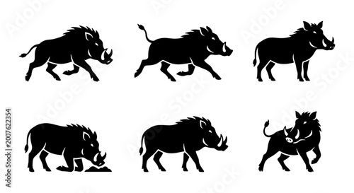 Canvastavla Wild Boar Silhouette Collection, African Warthog Vector Icons, Forest Animal Pos