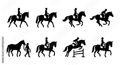 Schilderij op canvas Equestrian Silhouettes: Horse Riding Icons, Jumping, and Training Poses, Vector
