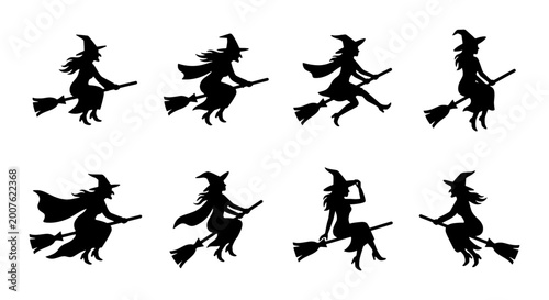 Obraz na plátne Witch Silhouette Collection, Halloween Flying Witches Vector Icons, Spooky Magic
