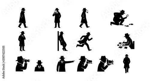 Obraz na płótnie Detective Silhouette Icons, Vintage Spy Characters, Retro Investigator Set, Myst