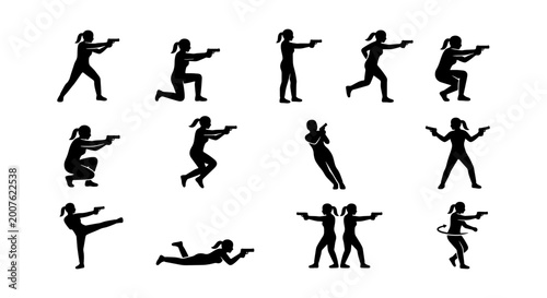 Εκτύπωση καμβά Female Action Poses Vector Set, Silhouette Woman Shooting Gun, Dynamic Combat Mo