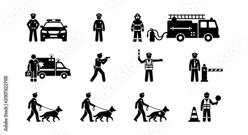 Photos Emergency Services Icons Set: Police, Firefighter, Ambulance, Security Personnel
