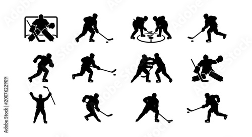 Foto Ice Hockey Action Silhouettes, 12 Sports Icons Set, Goalie, Player, Fight, Puck,