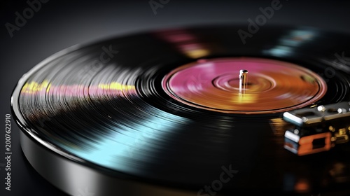 Close-up of a vinyl record on a turntable with reflective surface and colorful label