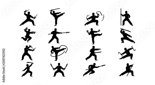 Canvastavla Martial Arts Silhouettes: Dynamic Ninja Warrior Poses, Action Stances, Combat Te