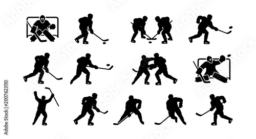 Photography Ice Hockey Player Silhouettes, Action Poses Vector Set: Goalie, Skater, Puck Han