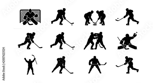 Canvas Print Ice Hockey Player Silhouettes Collection, 12 Action Poses Vector Icons, Sport Ga