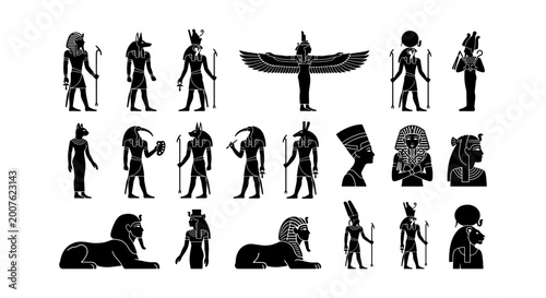Quadro su tela Ancient Egyptian Gods and Symbols Vector Icons, Hieroglyphic Figures, Pharaohs,