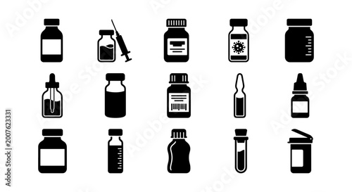 Schilderij op canvas Medical Vials and Syringe Icons, Pharmaceutical Bottles and Ampoules Set, Health