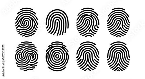 Set of 8 Unique Fingerprint Icons, Black and White Identity Symbols, Personal Identification Graphics, Digital Security and Biometric Data Vector Collection