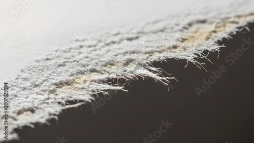 Close-up view of a frayed and worn-out fabric edge with loose threads