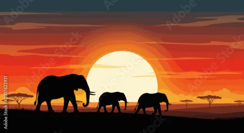 Obraz Silhouettes of an elephant family walking in savanna during sunset