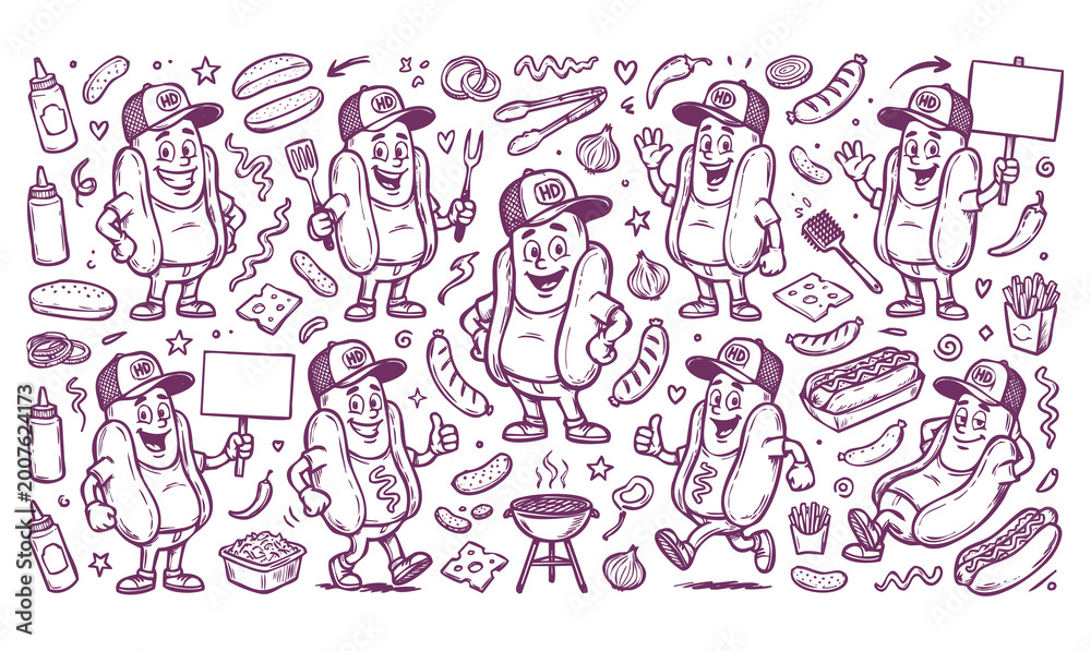 Fototapeta premium Vector doodle set of hotdog mascots with street food elements. Hand-drawn black line art collection of fast food characters and icons isolated on a light background.