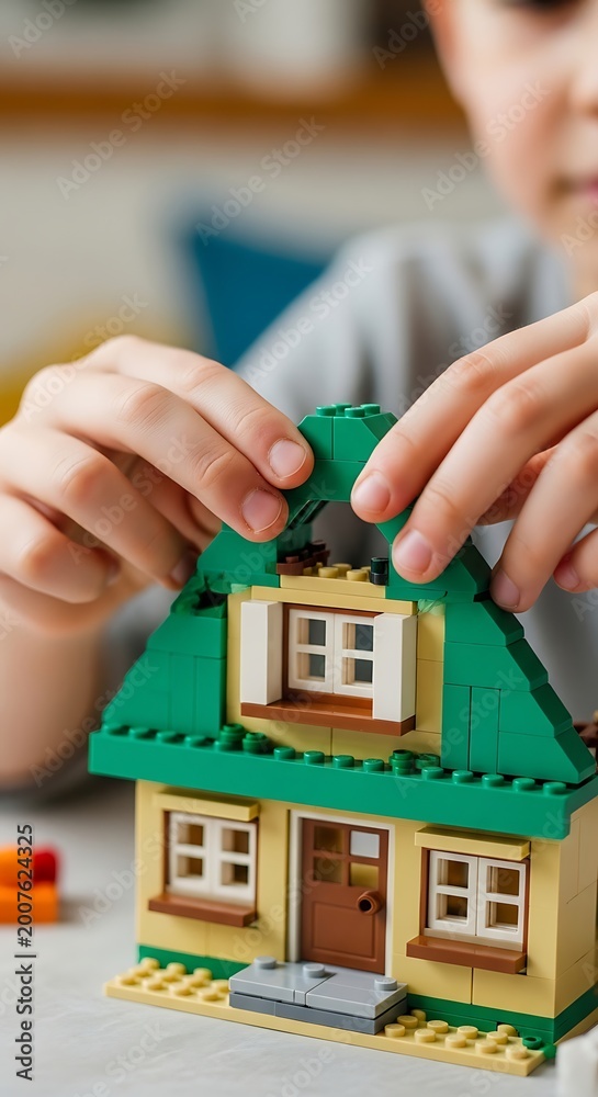 Fototapeta premium Child playing with toy house blocks.