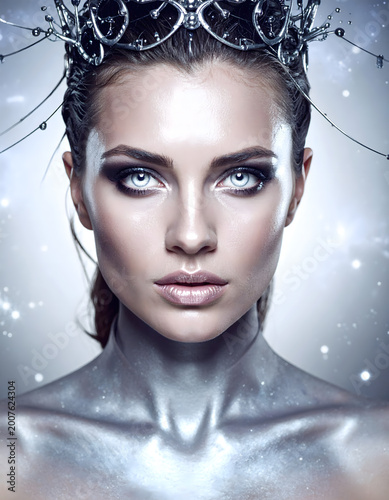 Woman with Silver Body Paint and Crown, Ethereal Portrait, Stock Media