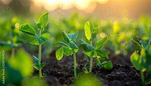 Young green plants growing in soil with sunlight