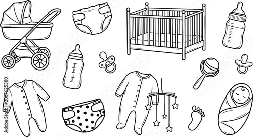 Bild auf Leinwand Baby Essentials Outline Icon Set with Stroller, Crib, Diapers, Baby Bottles, Pac