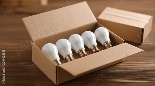 Box of LED light bulbs on wooden table.