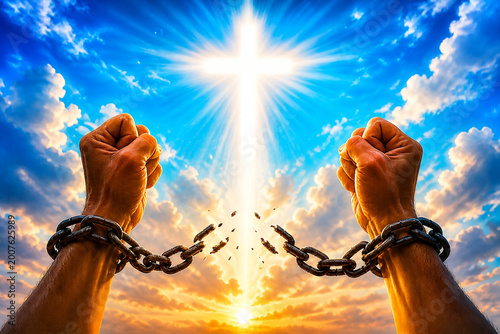 Spiritual freedom concept with broken chains and raised hands under glowing cross in radiant sky symbolizing faith hope liberation and divine power