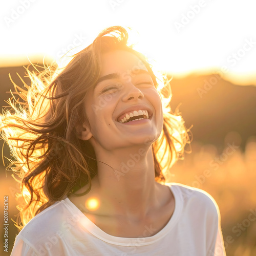 Young Woman Laughing Joyfully Outdoors with Golden Sunset Backlight and Windblown Hair, Stock Media