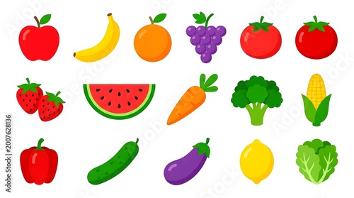 Colorful vector collection of fresh fruits and vegetables icons