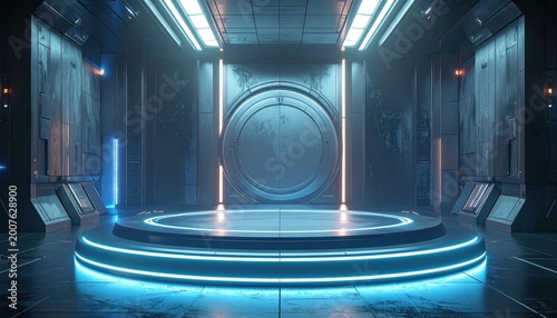 Futuristic room, circular platform, glowing lights, large round door, industrial design